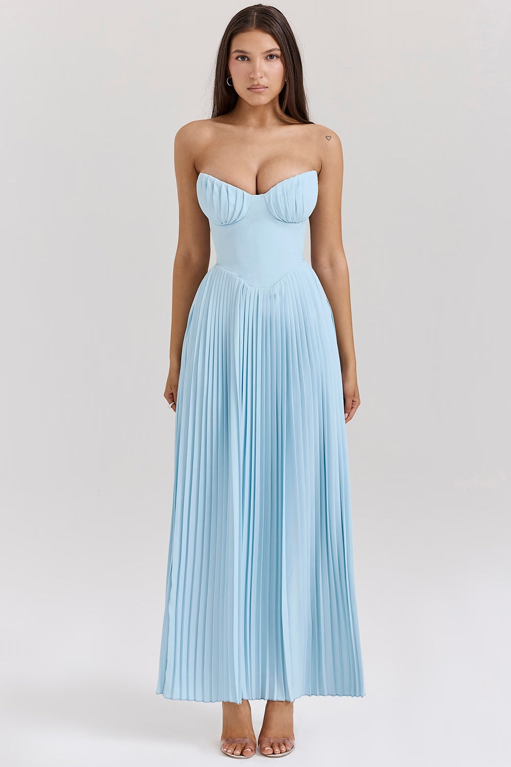 Women's Midi Dress — Strapless Sleeveless Pleated Bodice & Skirt