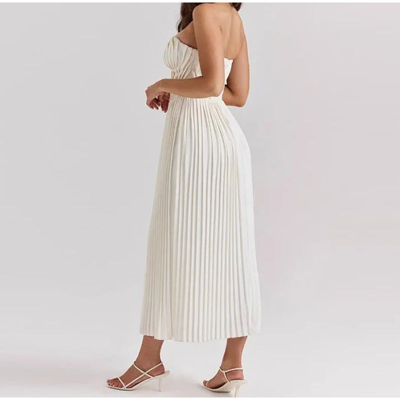 Women's Midi Dress — Strapless Sleeveless Pleated Bodice & Skirt