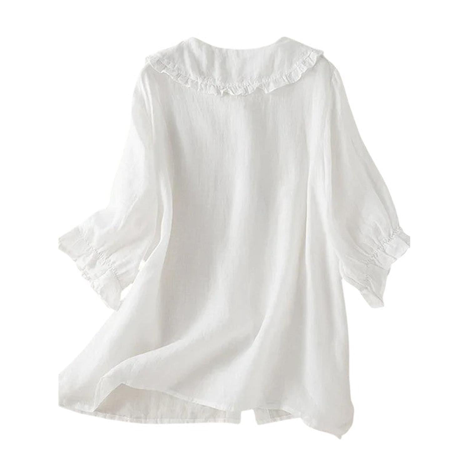Blouse Women Ruffle Collar Cotton Loose Fit Shirt - Hudson Harper - Blouses