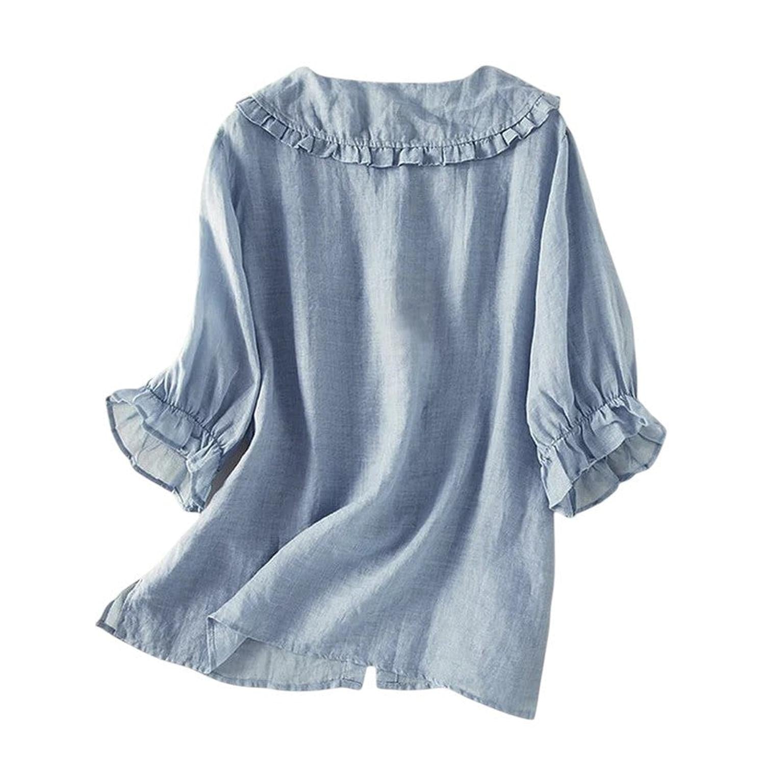 Blouse Women Ruffle Collar Cotton Loose Fit Shirt