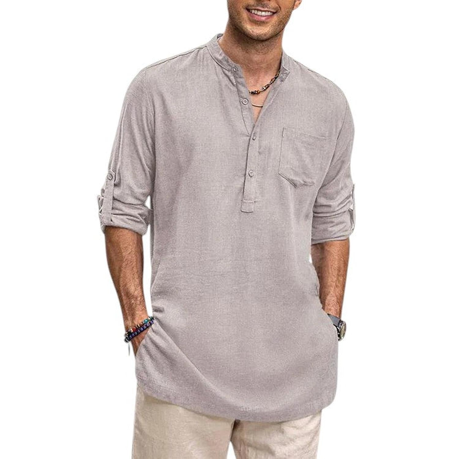 Henley Shirt Men Band Collar Breathable Long Sleeve Casual Fit - Hudson Harper - Tops