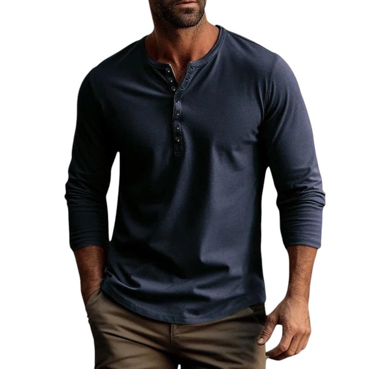 Henley Shirt Men Long Sleeve Regular Fit Button Placket Breathable