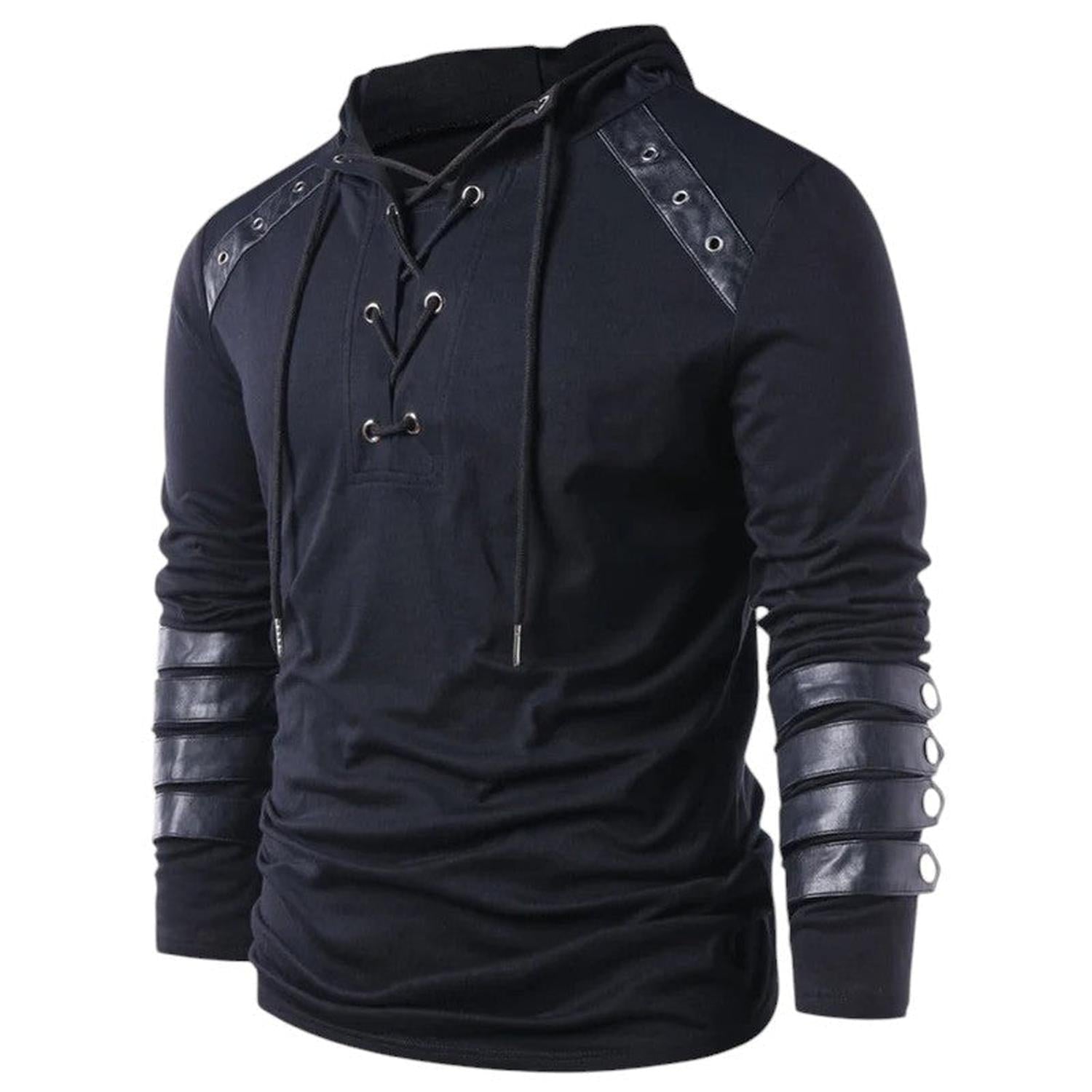 Hoodie Men Lace - Up V - Neck Faux Leather Panels Long Sleeve Casual Wear - Hudson Harper - Tops