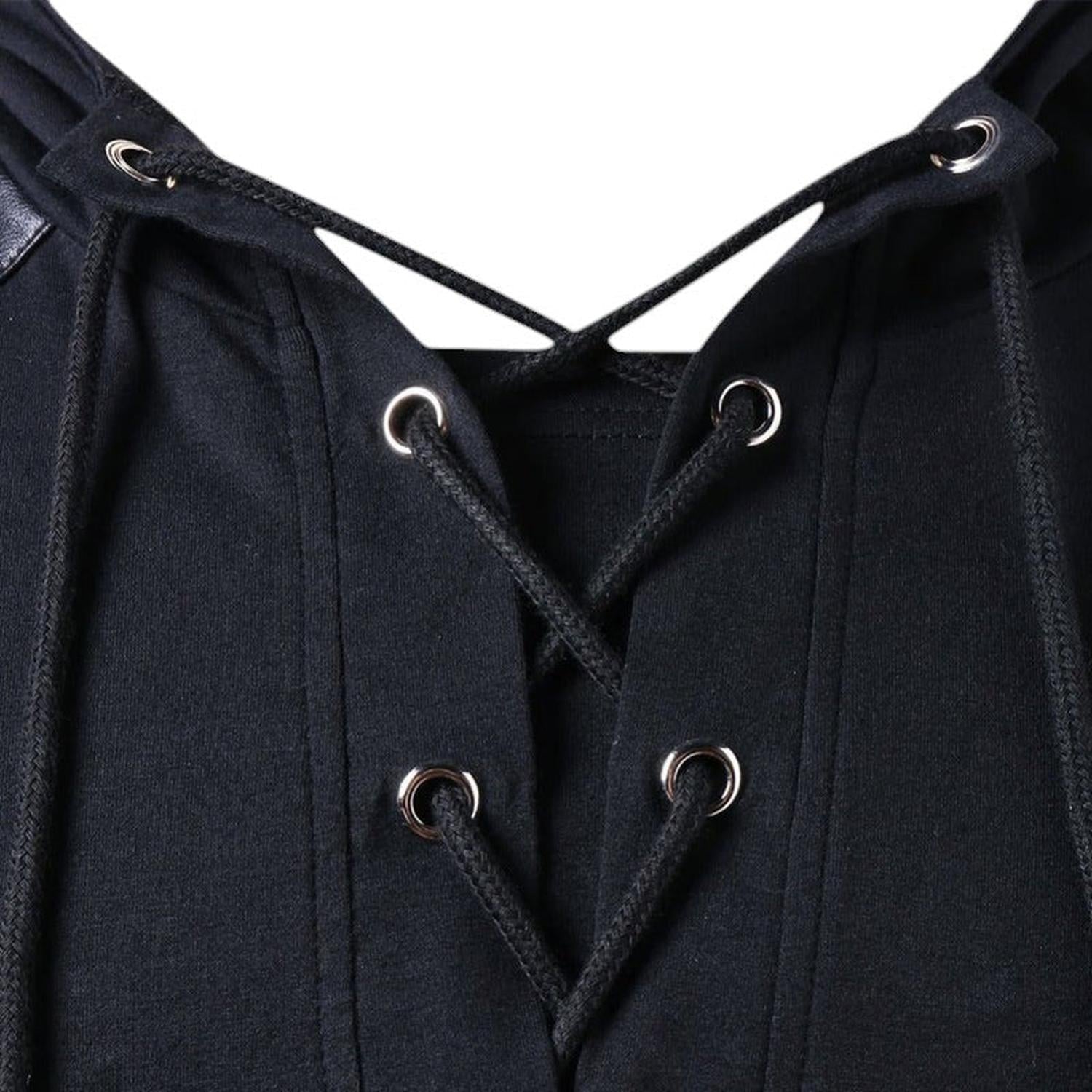 Hoodie Men Lace - Up V - Neck Faux Leather Panels Long Sleeve Casual Wear - Hudson Harper - Tops