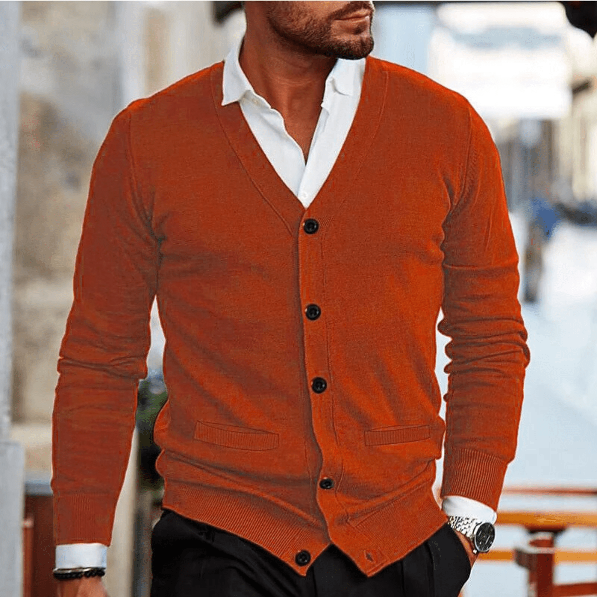 Men's Cardigan — V - Neck Button Front Slim Fit Ribbed Knit Design - Hudson Harper - Men Cardigan