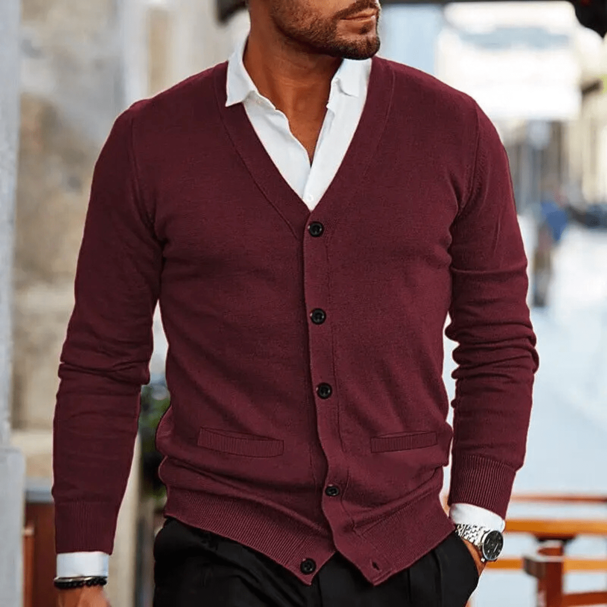 Men's Cardigan — V - Neck Button Front Slim Fit Ribbed Knit Design - Hudson Harper - Men Cardigan