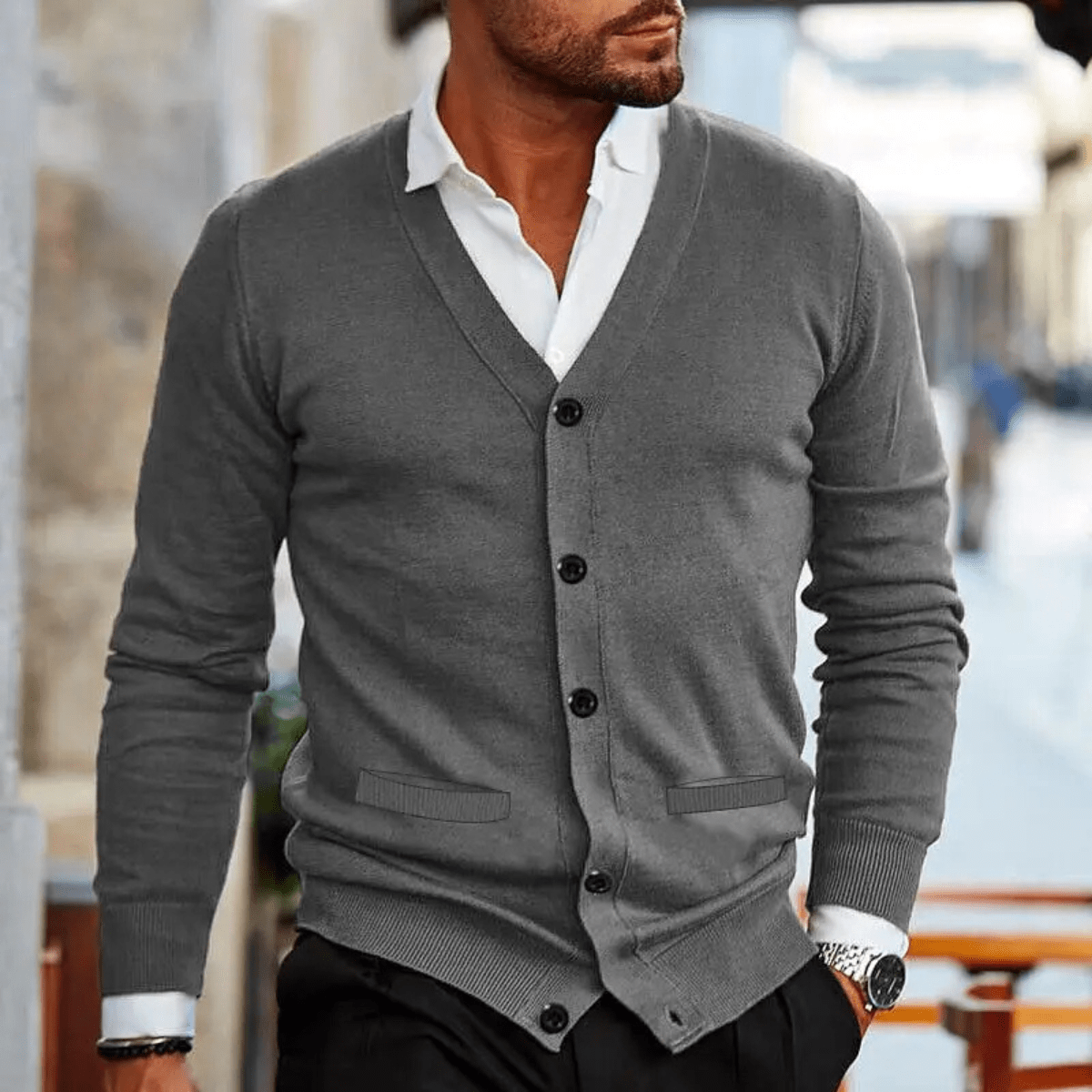 Men's Cardigan — V - Neck Button Front Slim Fit Ribbed Knit Design - Hudson Harper - Men Cardigan