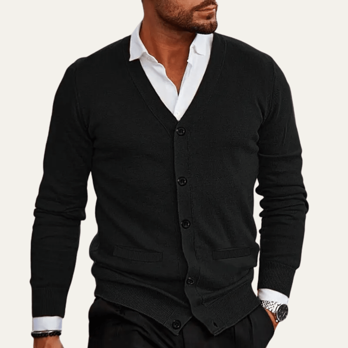 Men's Cardigan — V - Neck Slim Fit Button Front Ribbed Knit Design - Hudson Harper - Men Cardigan
