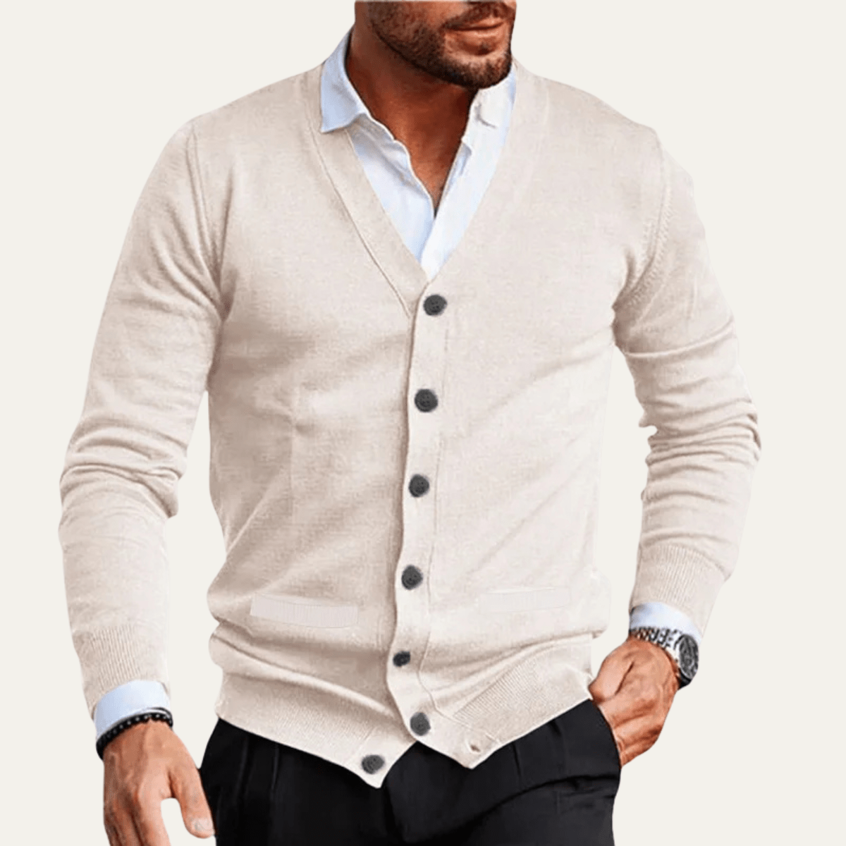 Men's Cardigan — V - Neck Slim Fit Button Front Ribbed Knit Design - Hudson Harper - Men Cardigan