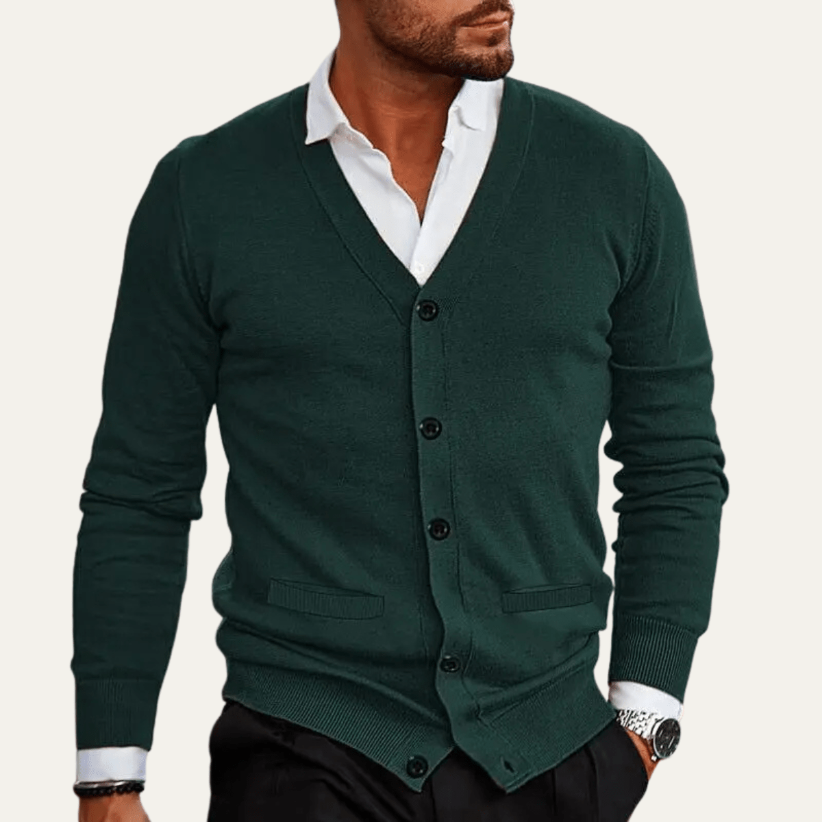Men's Cardigan — V - Neck Slim Fit Button Front Ribbed Knit Design - Hudson Harper - Men Cardigan