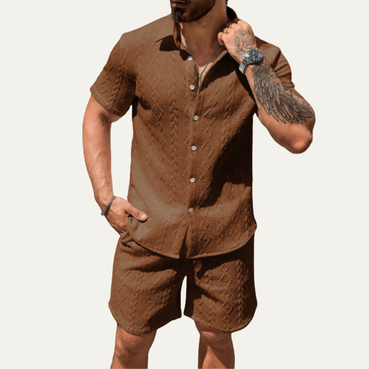 Men's Co - Ord Set — Knitted Shirt Relaxed Fit Matching Shorts - Hudson Harper - Men Set