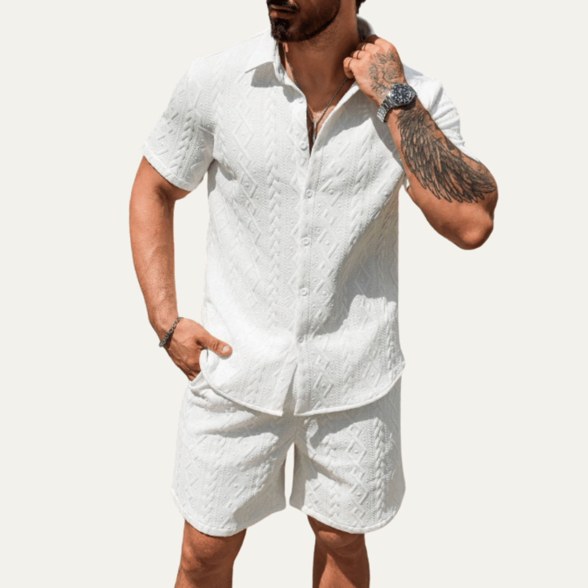 Men's Co - Ord Set — Knitted Shirt Relaxed Fit Matching Shorts - Hudson Harper - Men Set