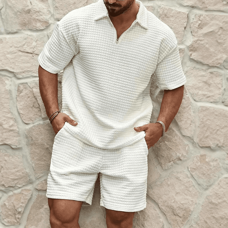 Men's Co - Ord Set — Zip Polo Drawstring Relaxed Fit Shorts - Hudson Harper - Men Set