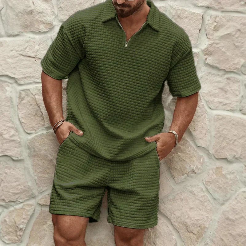 Men's Co - Ord Set — Zip Polo Drawstring Relaxed Fit Shorts - Hudson Harper - Men Set