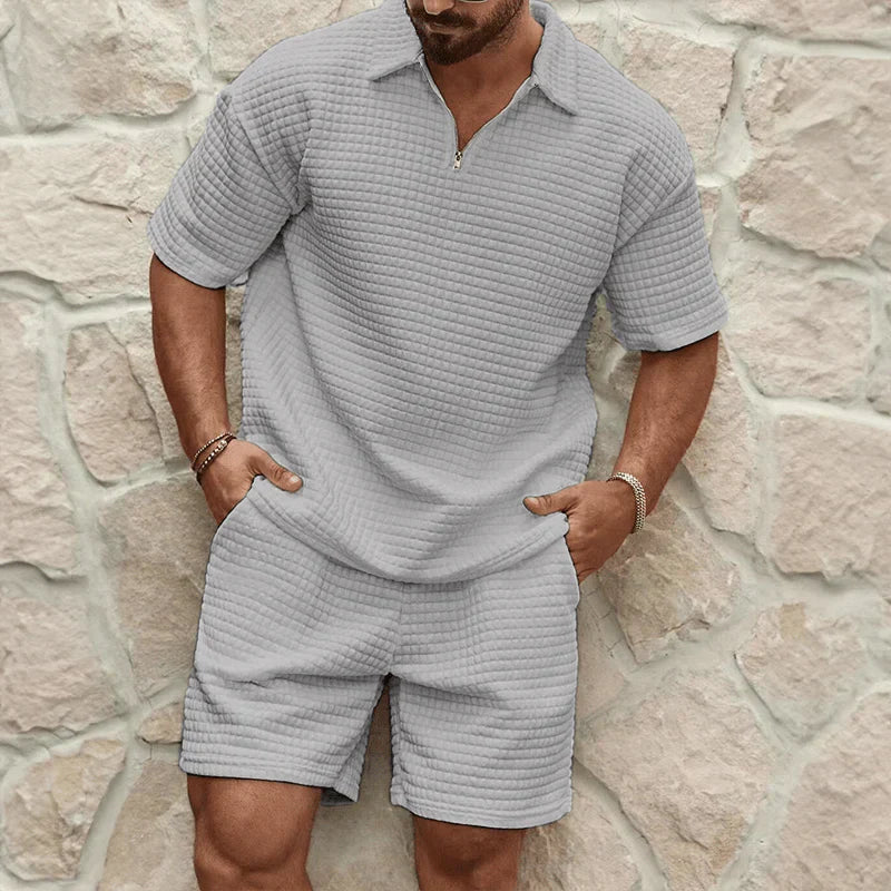 Men's Co - Ord Set — Zip Polo Drawstring Relaxed Fit Shorts - Hudson Harper - Men Set