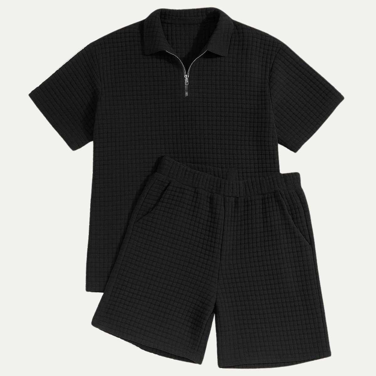 Men's Co - Ord Set — Zip Polo Drawstring Relaxed Fit Shorts - Hudson Harper - Men Set
