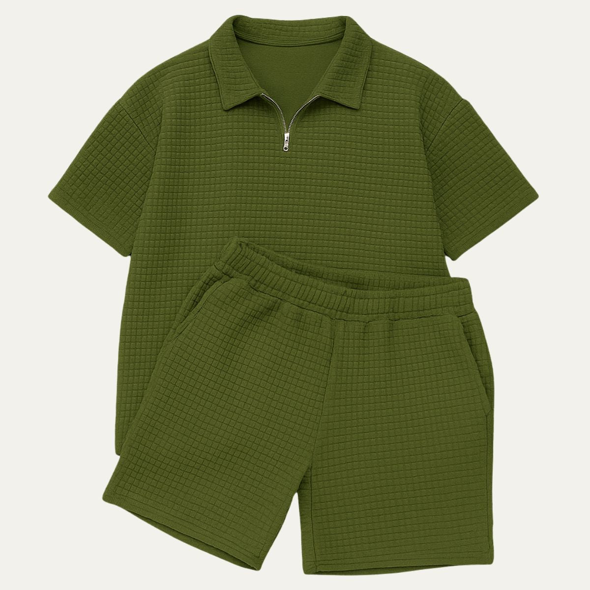 Men's Co - Ord Set — Zip Polo Drawstring Relaxed Fit Shorts - Hudson Harper - Men Set