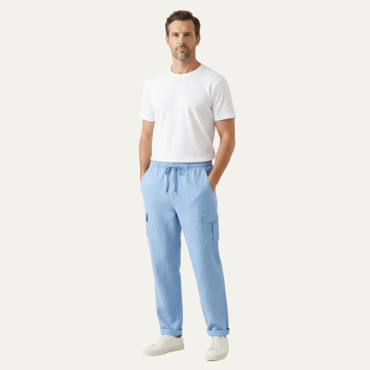 Men's Linen Cargo Trousers - Wide Fit Multi Pocket Design - Hudson Harper - Men Pants