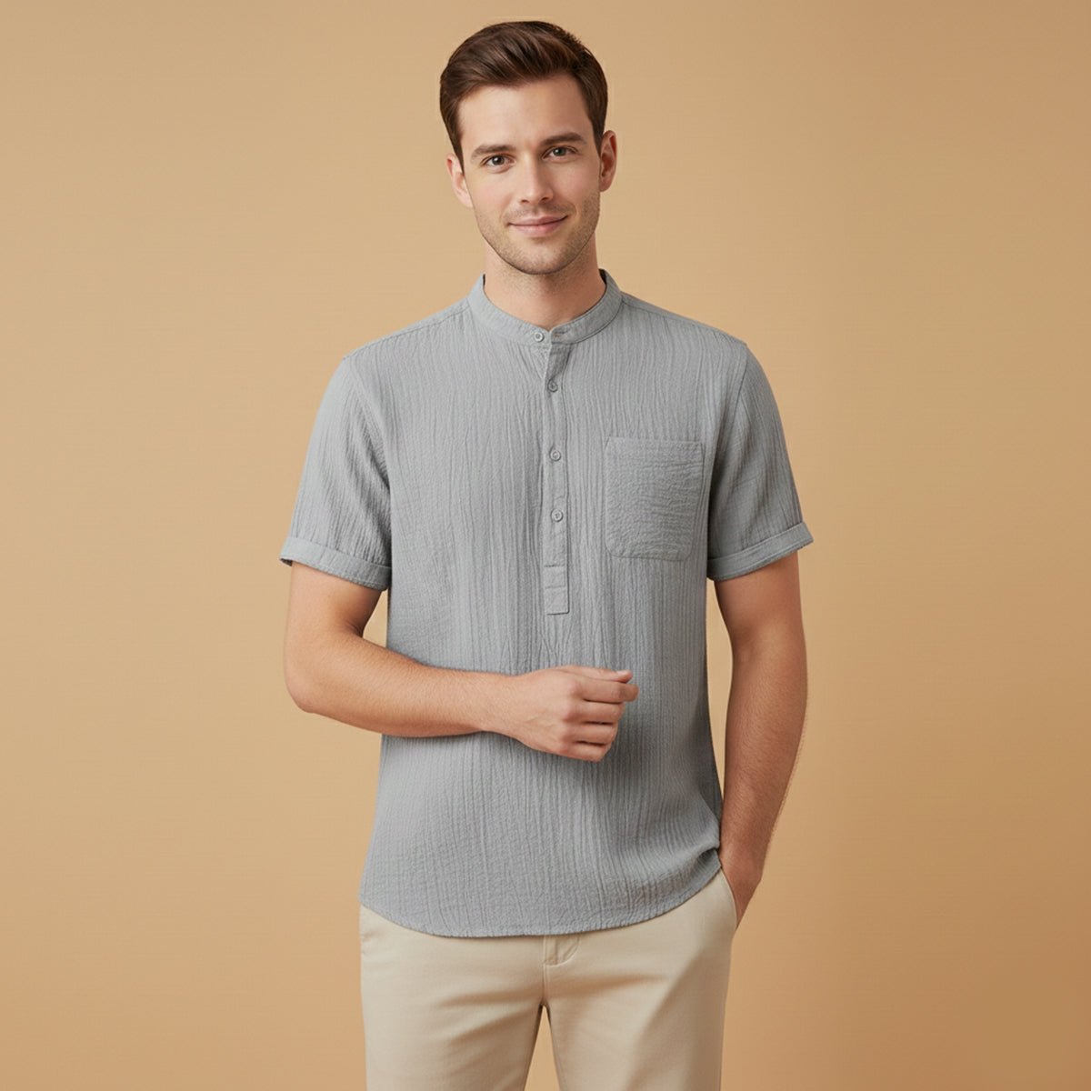 Men's Linen Shirt - Short Sleeve Henley Neck Pullover Style - Hudson Harper - Men Shirt