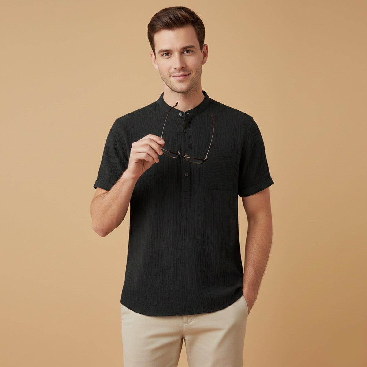 Men's Linen Shirt - Short Sleeve Henley Neck Pullover Style - Hudson Harper - Men Shirt
