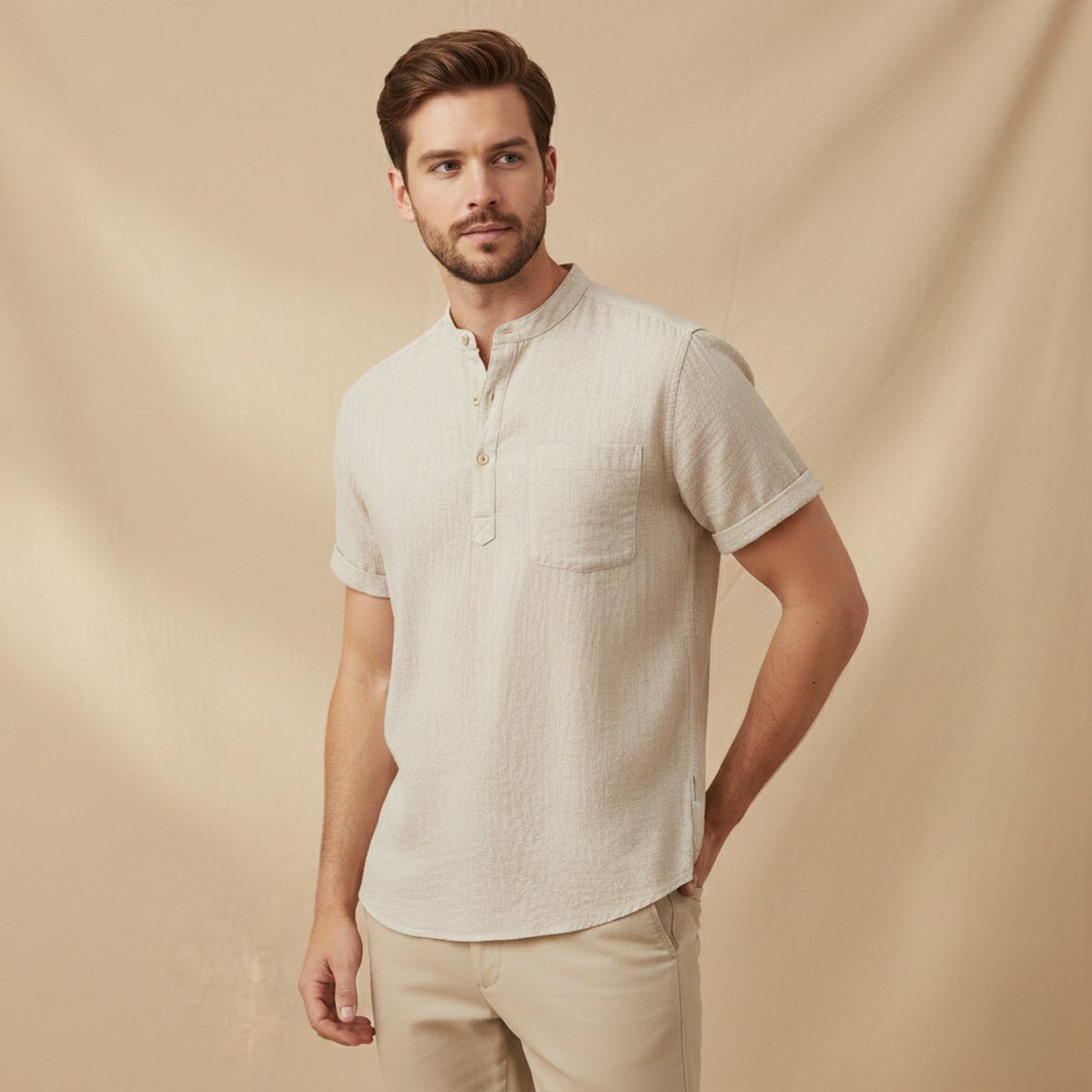 Men's Linen Shirt - Short Sleeve Loose Fit Henley Placket - Hudson Harper - Men Shirt