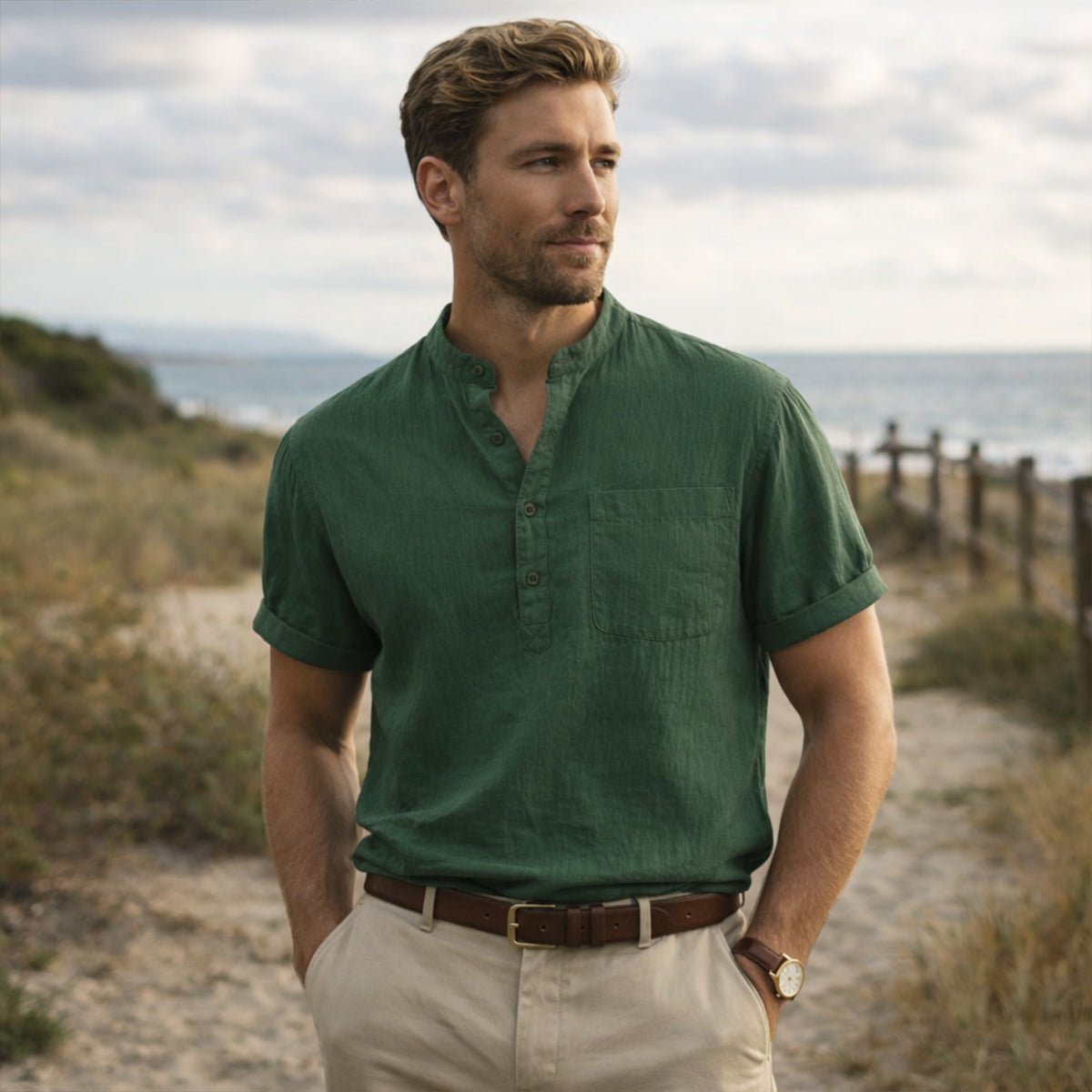 Men's Linen Shirt - Short Sleeve Loose Fit Henley Placket - Hudson Harper - Men Shirt