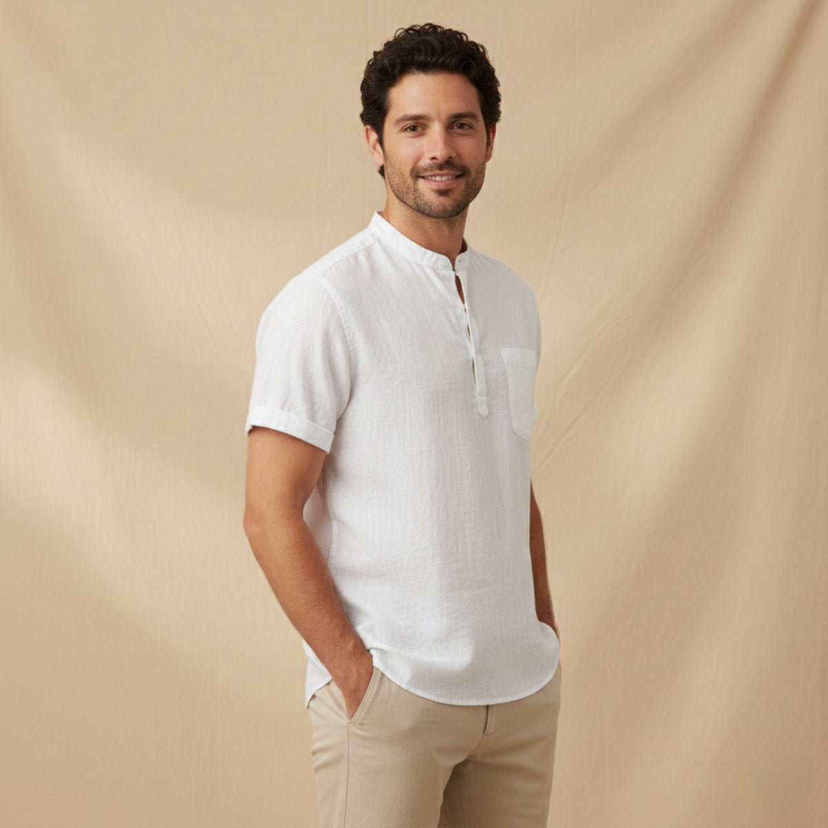 Men's Linen Shirt - Short Sleeve Loose Fit Henley Placket - Hudson Harper - Men Shirt