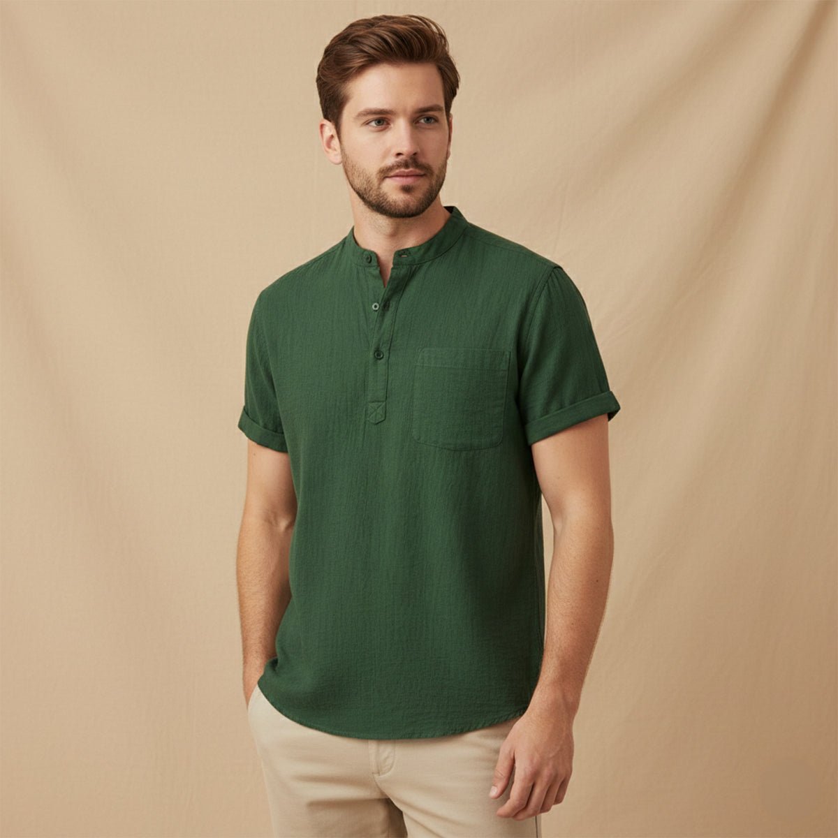 Men's Linen Shirt - Short Sleeve Loose Fit Henley Placket - Hudson Harper - Men Shirt