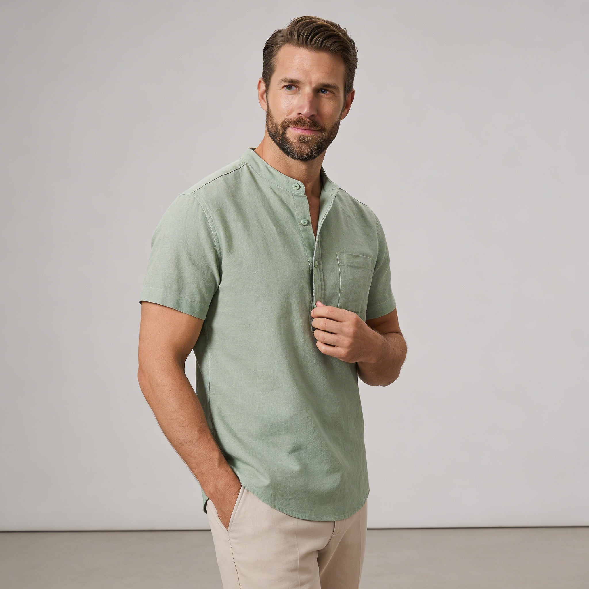 Men's Linen Shirt - Short Sleeve Stand Collar Relaxed Fit - Hudson Harper - Men Shirt