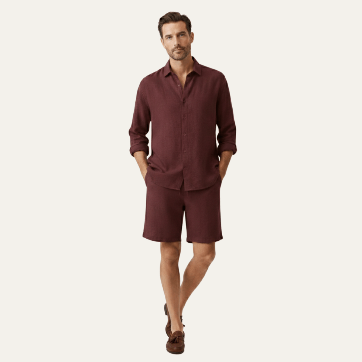 Men's Linen Shirt & Shorts Set - Long Sleeve Loose Fit Button Closure - Hudson Harper - Men Set