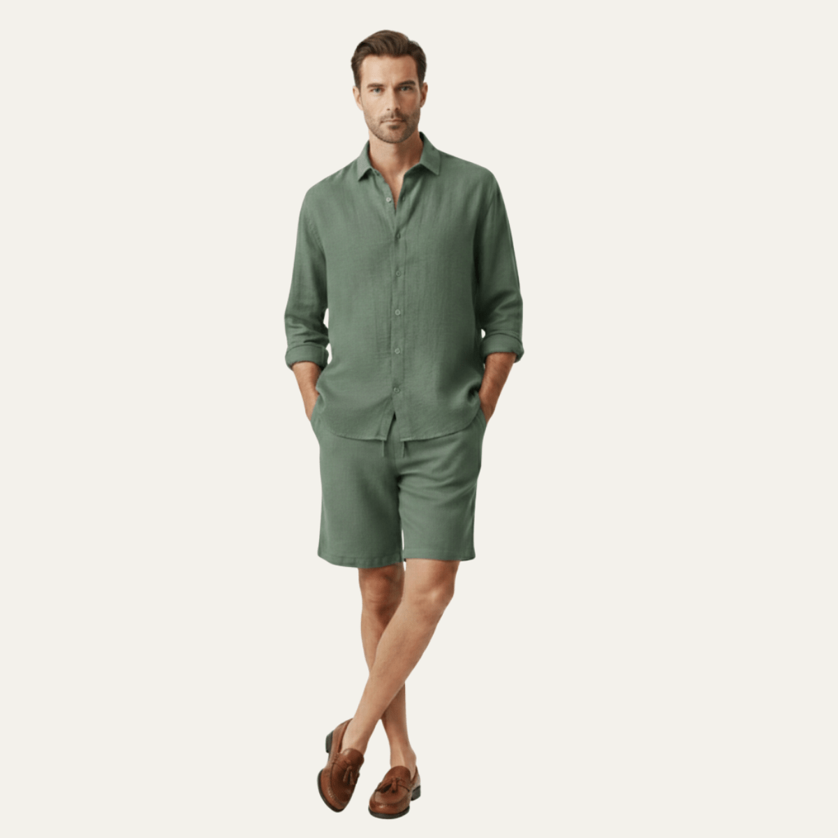 Men's Linen Shirt & Shorts Set - Long Sleeve Loose Fit Button Closure - Hudson Harper - Men Set