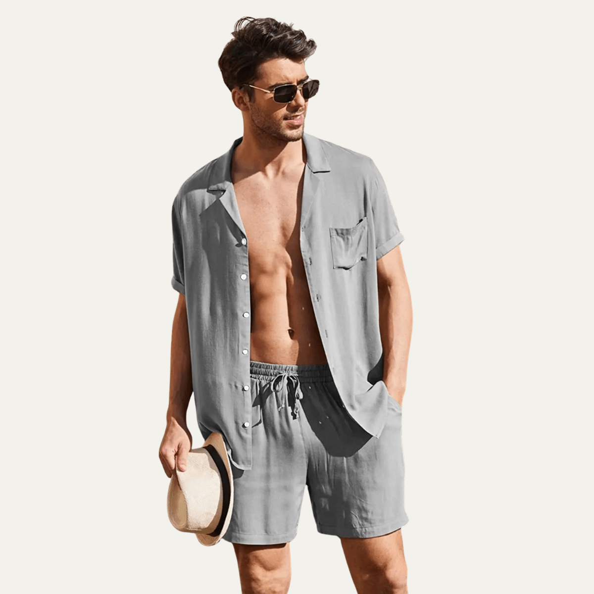 Men's Linen Shirt & Shorts Set - Loose Fit Short Sleeve Button Closure - Hudson Harper - Men Set