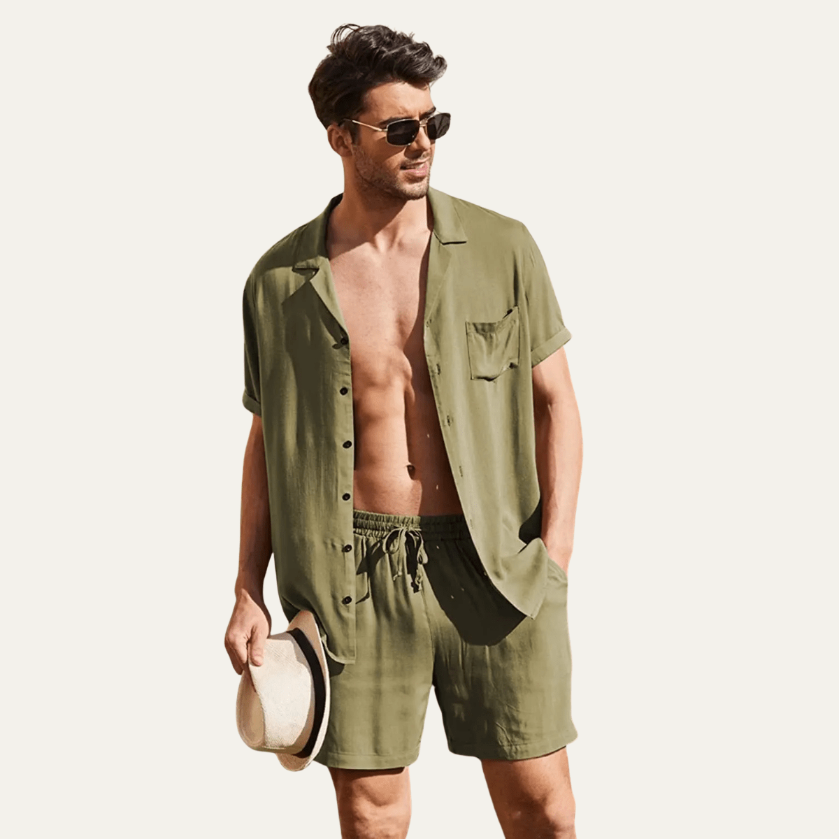 Men's Linen Shirt & Shorts Set - Loose Fit Short Sleeve Button Closure - Hudson Harper - Men Set