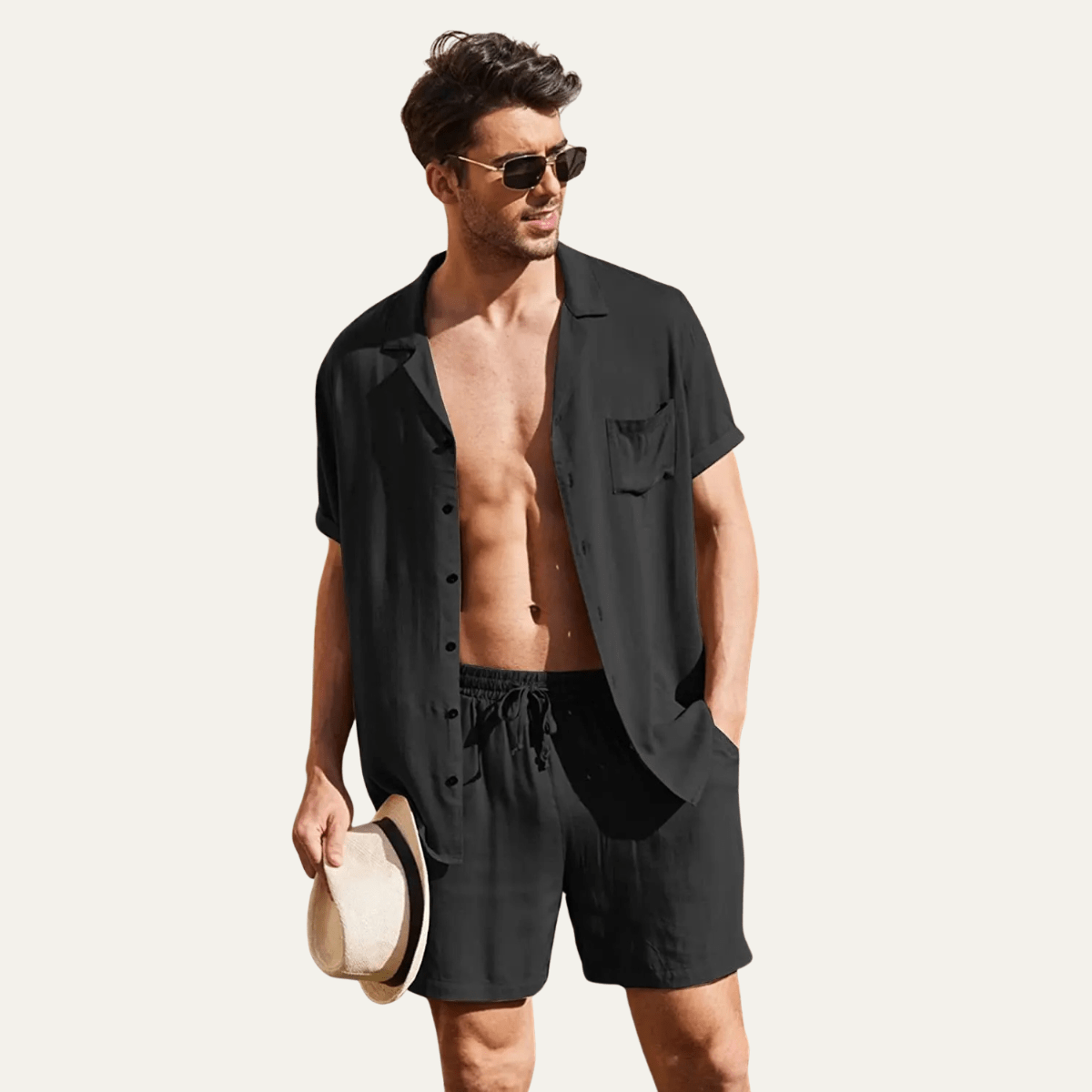 Men's Linen Shirt & Shorts Set - Loose Fit Short Sleeve Button Closure - Hudson Harper - Men Set
