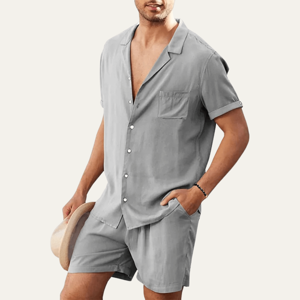 Men's Linen Shirt & Shorts Set - Loose Fit Short Sleeve Button Closure - Hudson Harper - Men Set