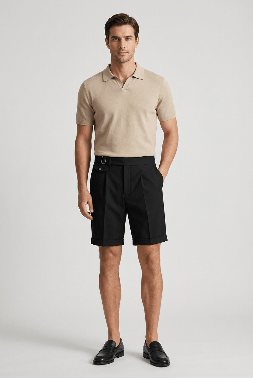 Men's Linen Shorts - Front Pleats Turn - Up Hem Side Buckle Closure - Hudson Harper - Men Shorts