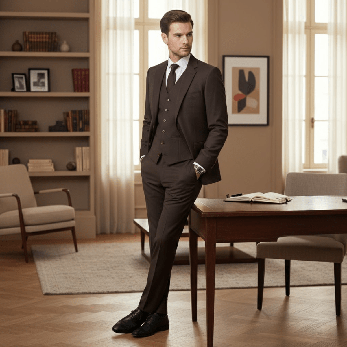 Men's Linen Suit Set - Slim Fit Three - Piece Front Closure - Hudson Harper - Men Suit