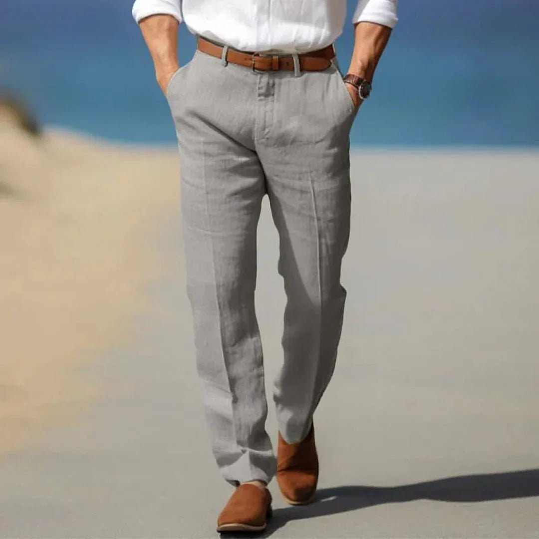 Men's Linen Trousers - Loose Fit Front Zip Closure & Belt Loops - Hudson Harper - Men Pants