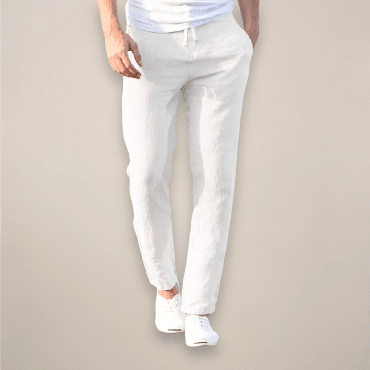 Men's Linen Trousers - Relaxed Fit Long Length Elastic Waistband - Hudson Harper - Men Pants