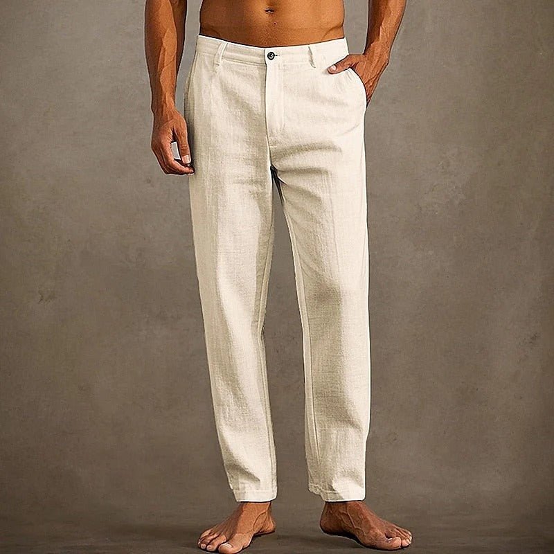 Men's Linen Trousers - Relaxed Fit Straight Leg Button & Zip Closure - Hudson Harper - Men Pants