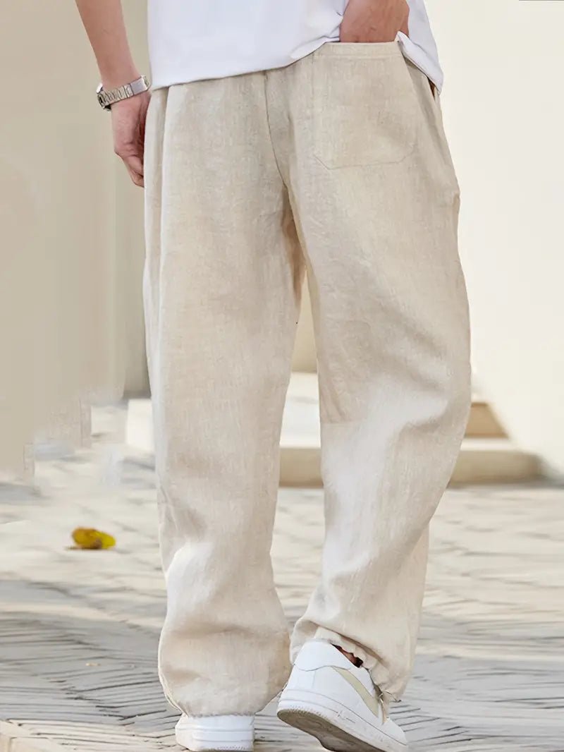 Men's Linen Trousers - Wide Leg Full Length Elastic Drawstring Waist - Hudson Harper - Men Pants