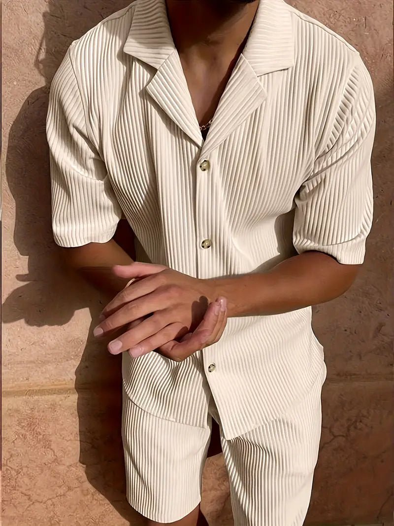 Men's Linen Two - Piece Set - Relaxed Fit Short Sleeve Open Collar & Trousers - Hudson Harper - Men Set
