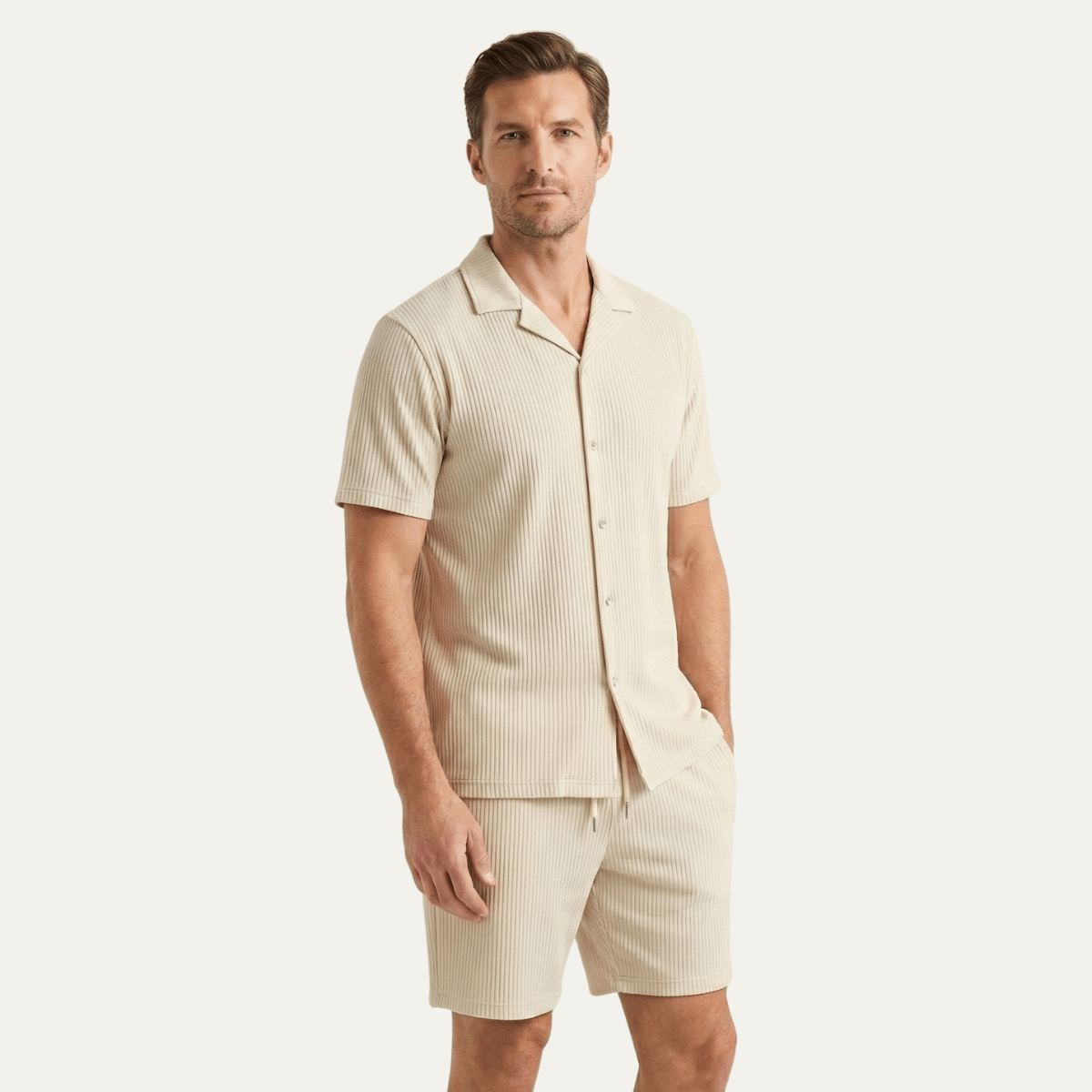 Men's Lounge Set — Ribbed Short Sleeve Top & Drawstring Shorts - Hudson Harper - Men Set
