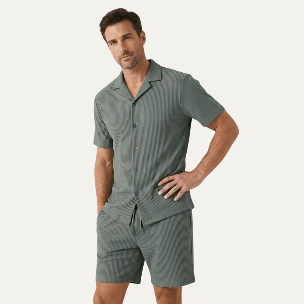 Men's Lounge Set — Ribbed Short Sleeve Top & Drawstring Shorts - Hudson Harper - Men Set