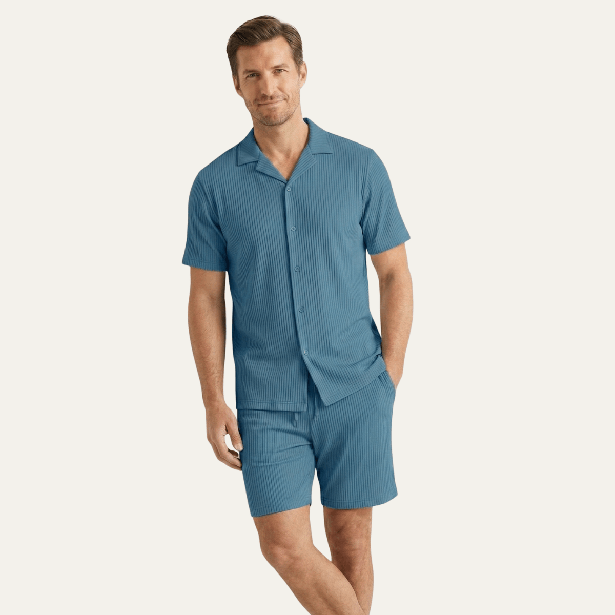 Men's Lounge Set — Ribbed Short Sleeve Top & Drawstring Shorts - Hudson Harper - Men Set