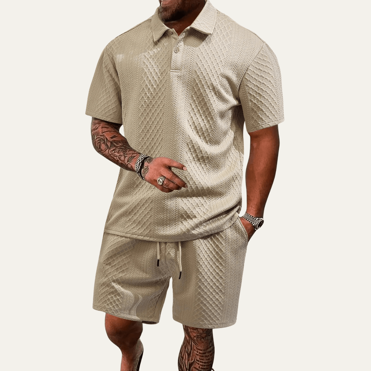 Men's Polo Set — Jacquard Short Sleeve Drawstring Shorts Design - Hudson Harper - Men Set