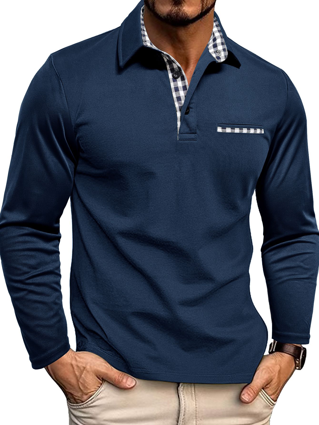 Men's Polo Shirt — Regular Fit Long Sleeve Button Placket - Hudson Harper - Men Shirt