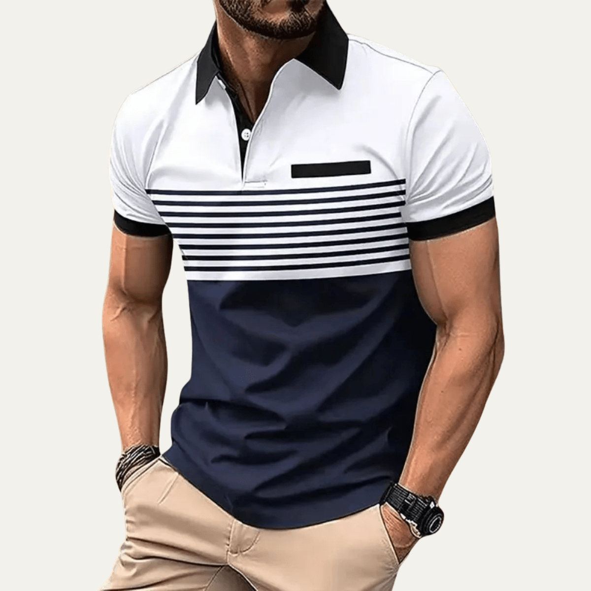 Men's Polo Shirt — Slim Fit Striped Pattern Button Collar - Hudson Harper - Men Shirt