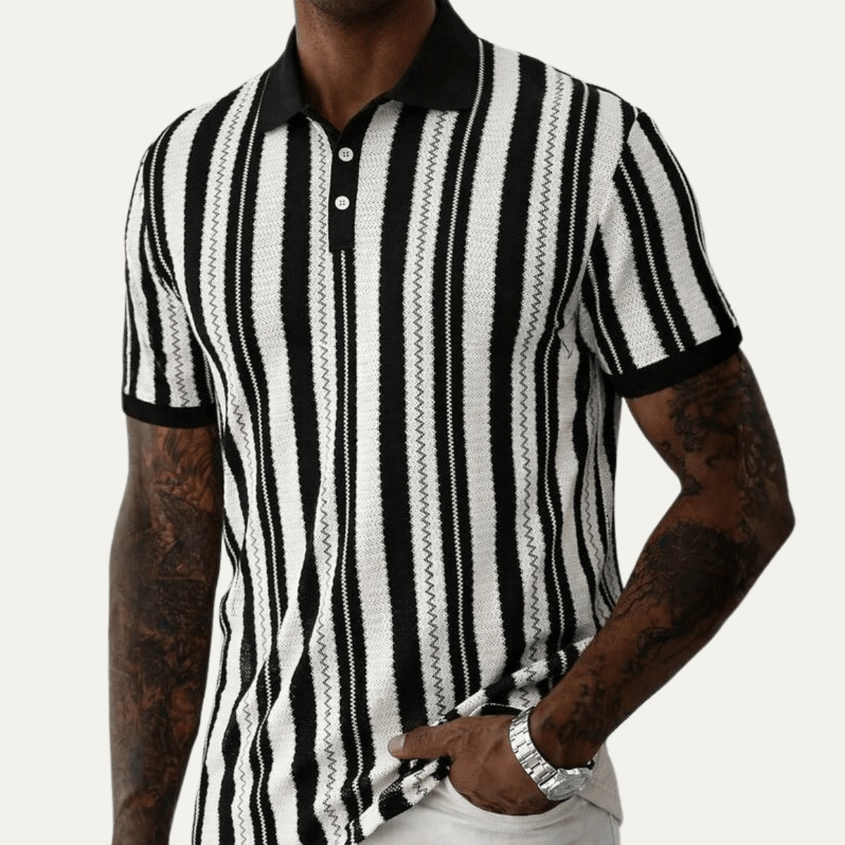 Men's Polo Shirt — Striped Knit Short Sleeve Collar Design - Hudson Harper - Men Shirt