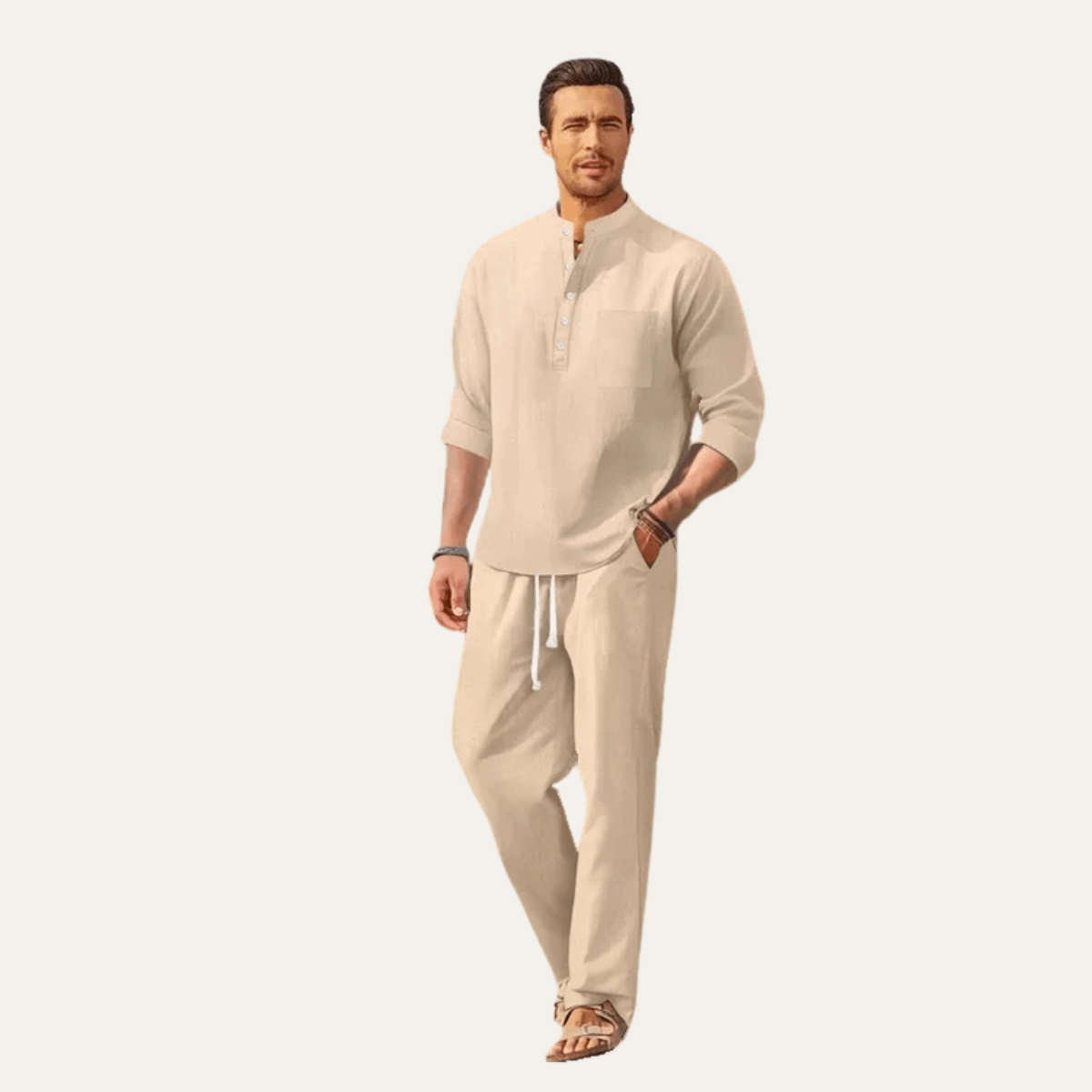 Men's Shirt Set — Long Sleeve Stand Collar Drawstring Pants - Hudson Harper - Men Set